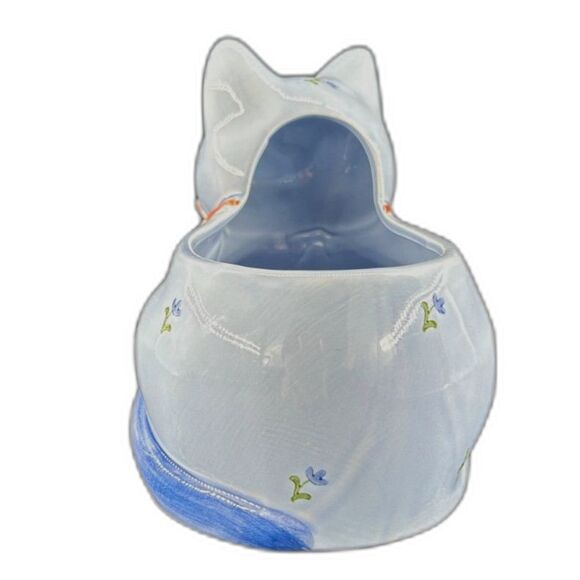 VTG Otagiri Japan Blue Cat With Floral Accents Pink Ribbon Small Planter - Picture 2 of 8